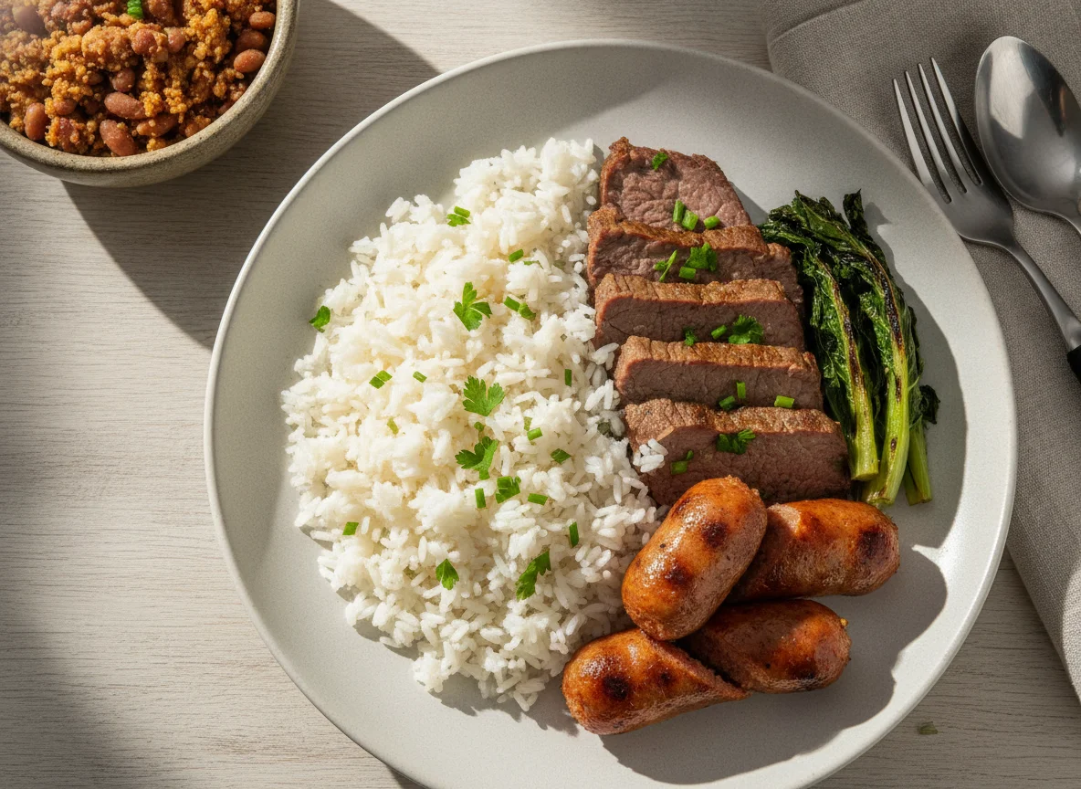 Prato de arroz com carne e linguiça photo