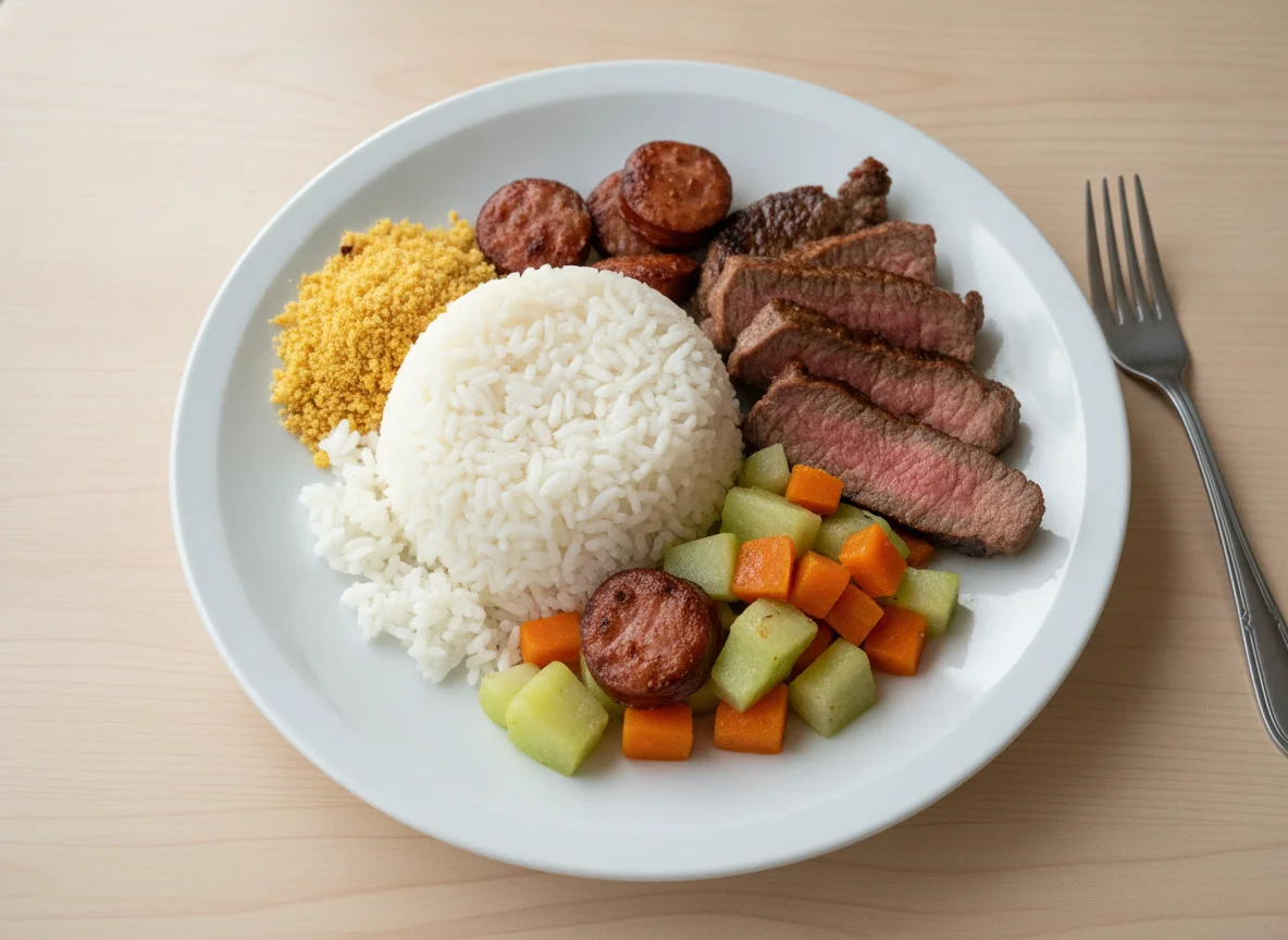 Prato de arroz com carne, linguiça e legumes photo