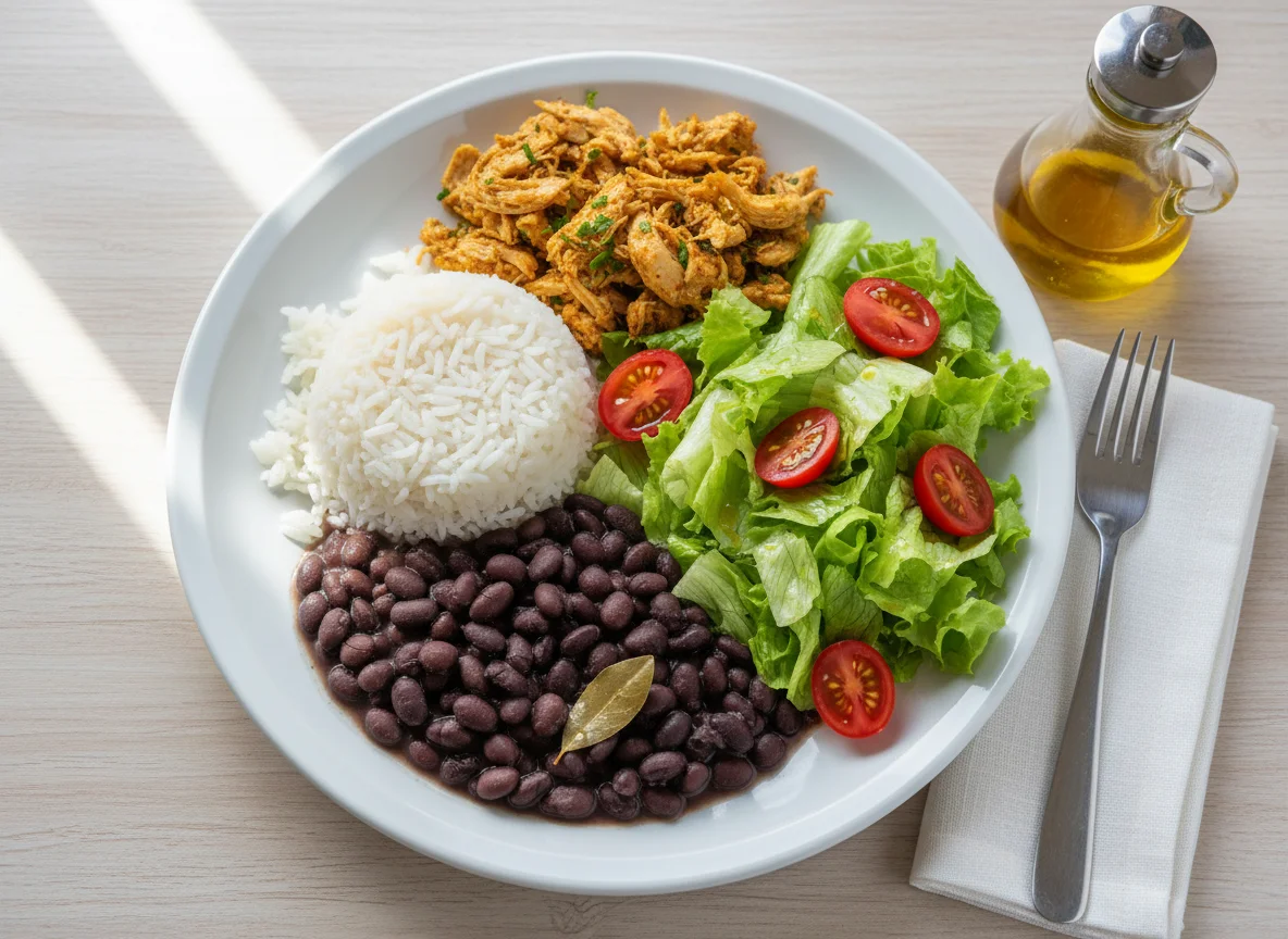 Prato de arroz com feijão, frango desfiado e salada photo