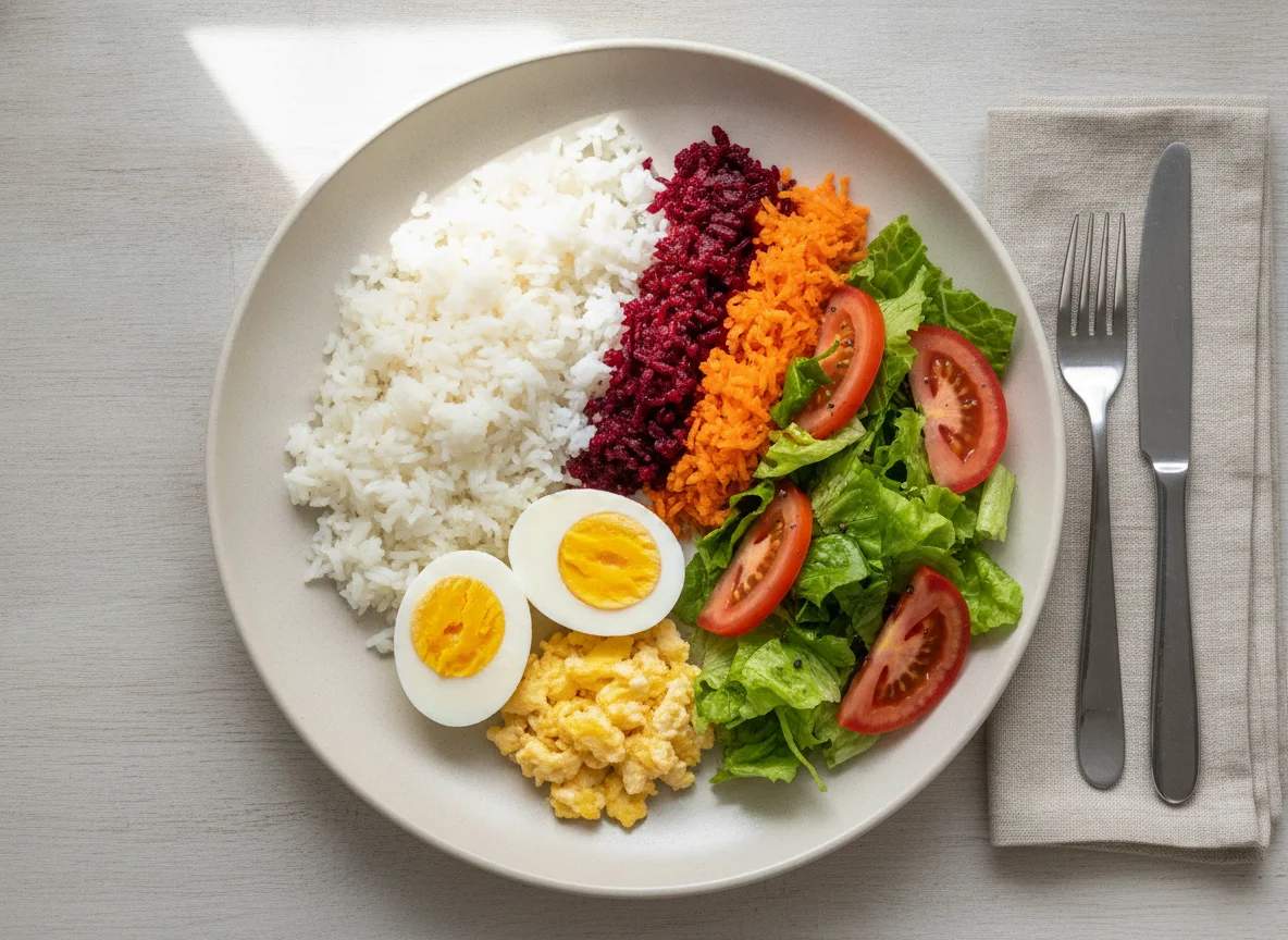 Prato de Arroz com Ovos, Beterraba, Cenoura e Salada photo