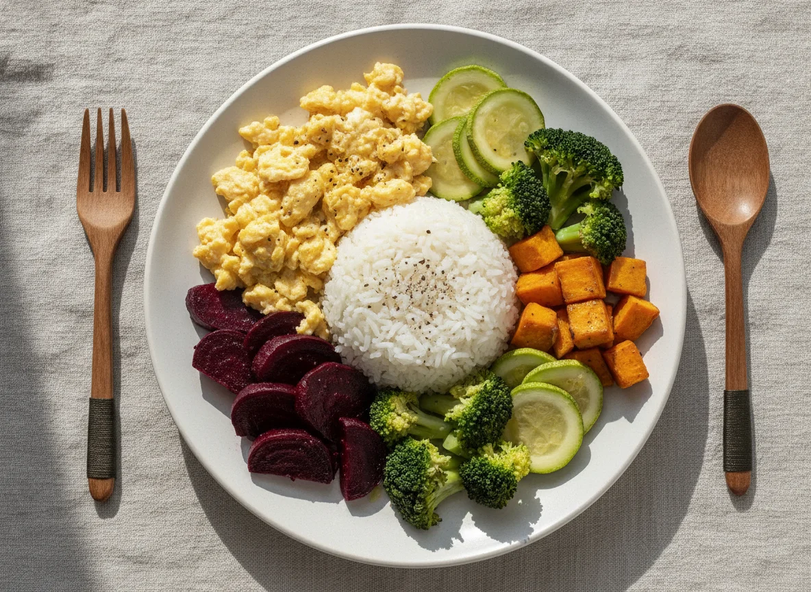 Prato de Arroz com Ovos Mexidos e Vegetais photo