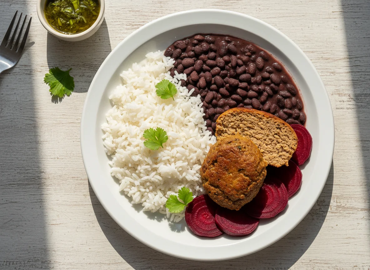 Prato de arroz, feijão, bolo de carne e beterraba photo
