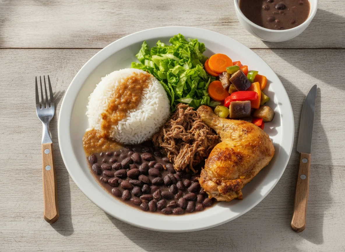 Prato de arroz, feijão, carne desfiada e legumes photo