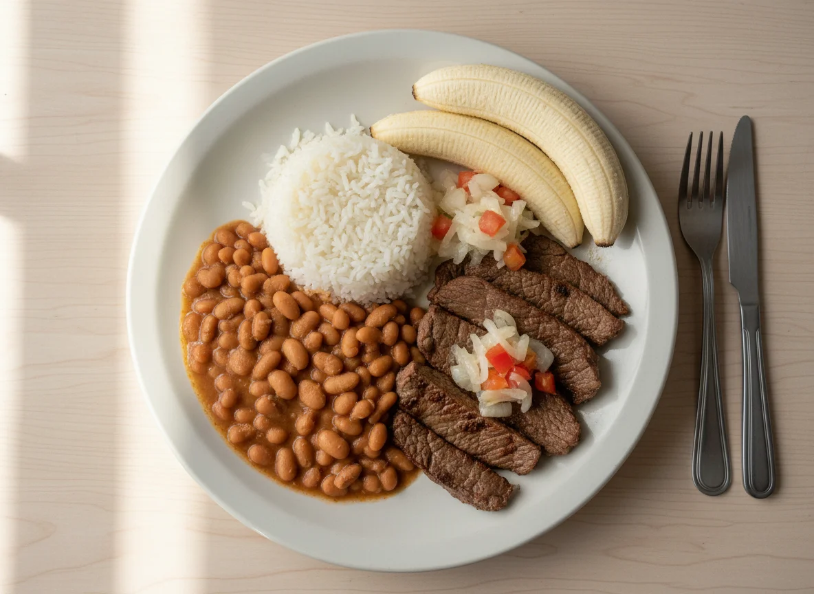 Prato de arroz, feijão, carne e banana photo