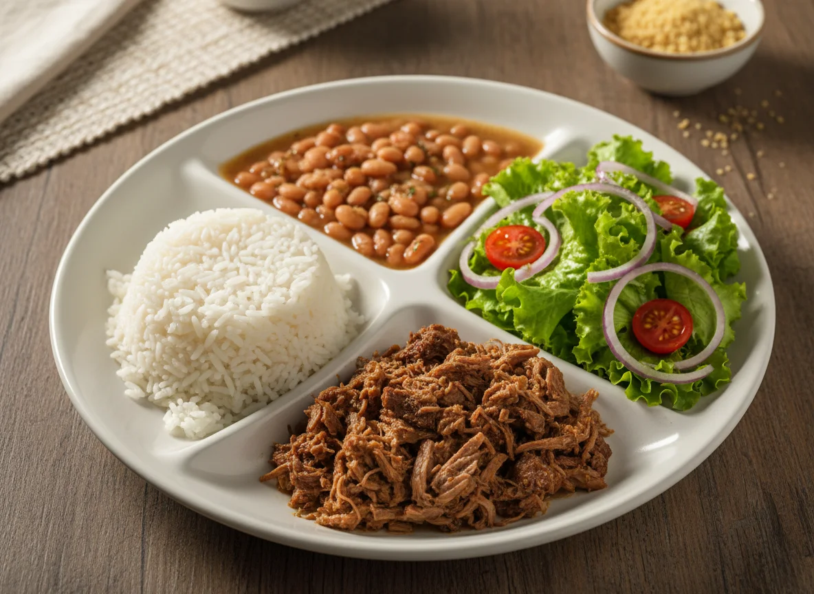 Prato de arroz, feijão, carne e salada photo