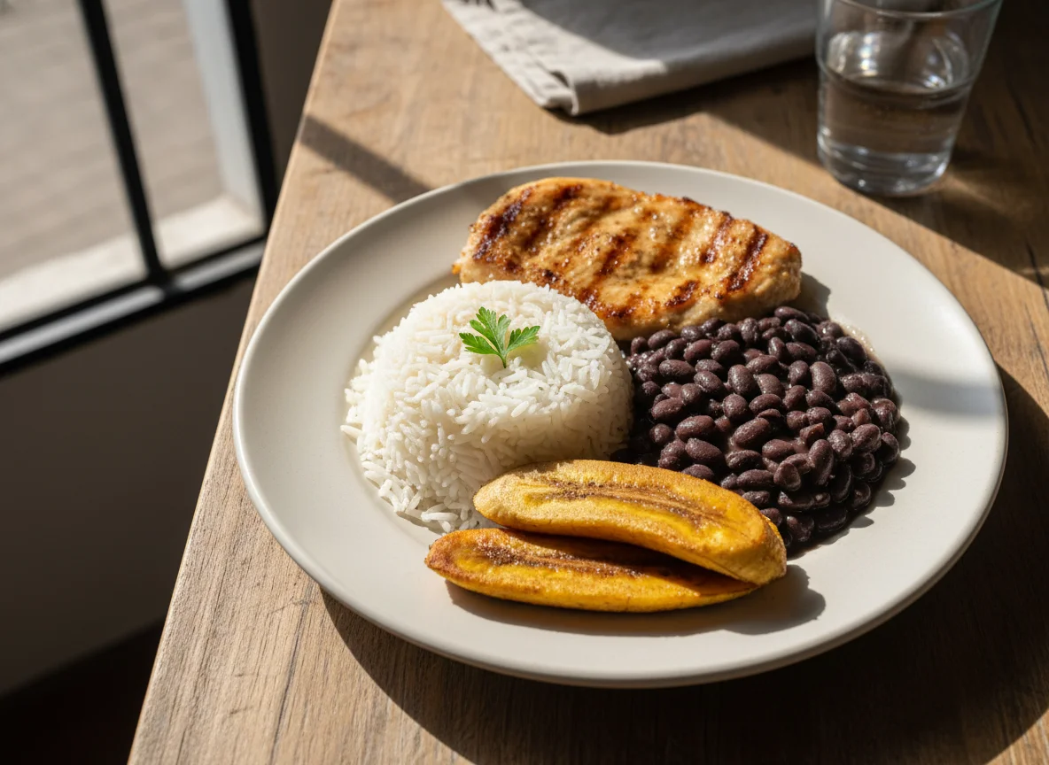 Prato de arroz, feijão, carne grelhada e banana photo