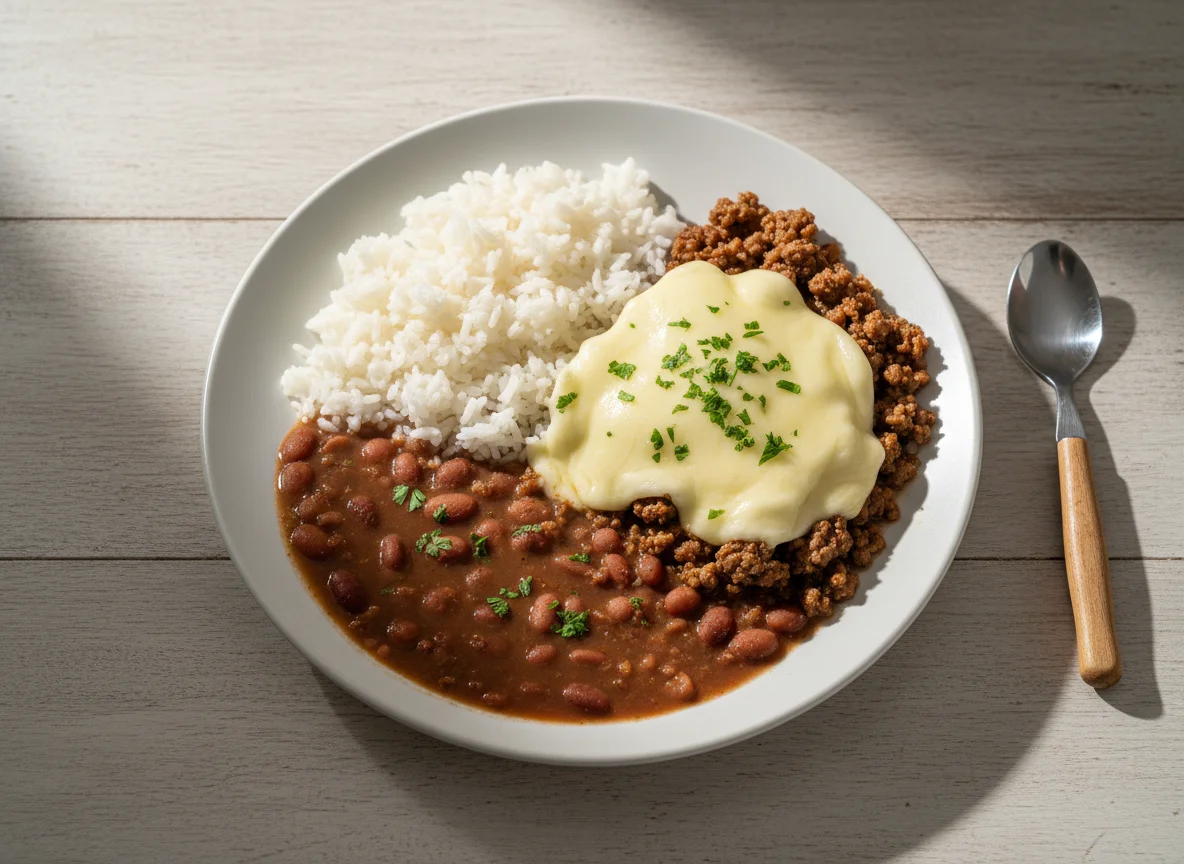 Prato de arroz, feijão, carne moída e queijo photo