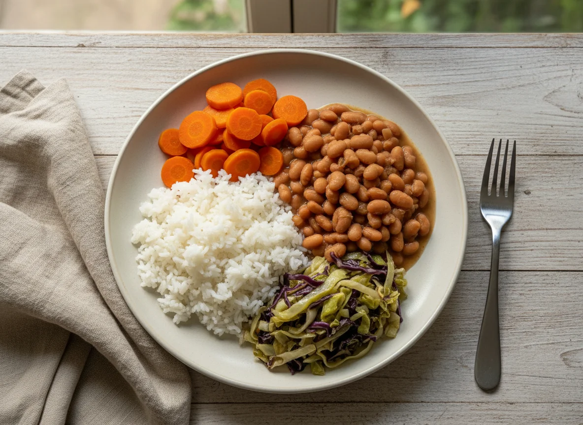 Prato de arroz, feijão, cenoura e repolho photo
