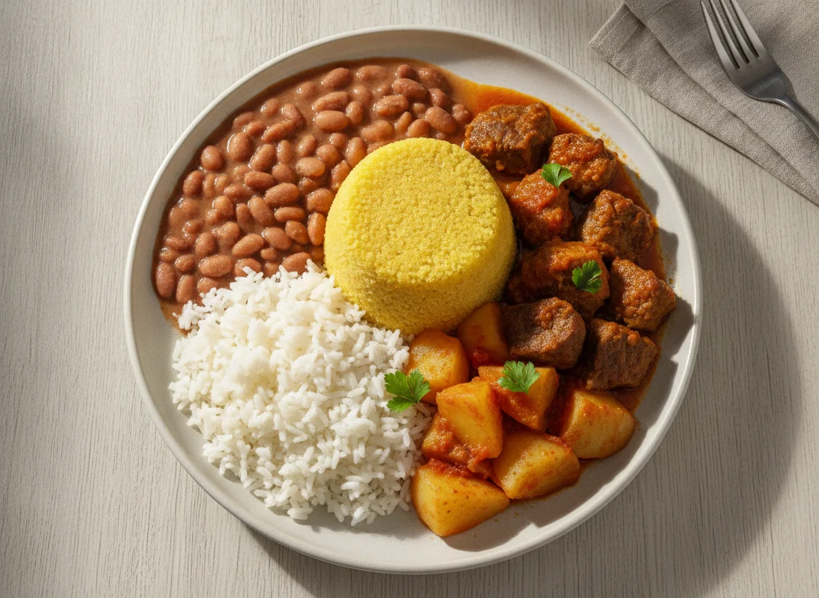 Prato de Arroz, Feijão, Cuscuz e Carne com Batatas photo