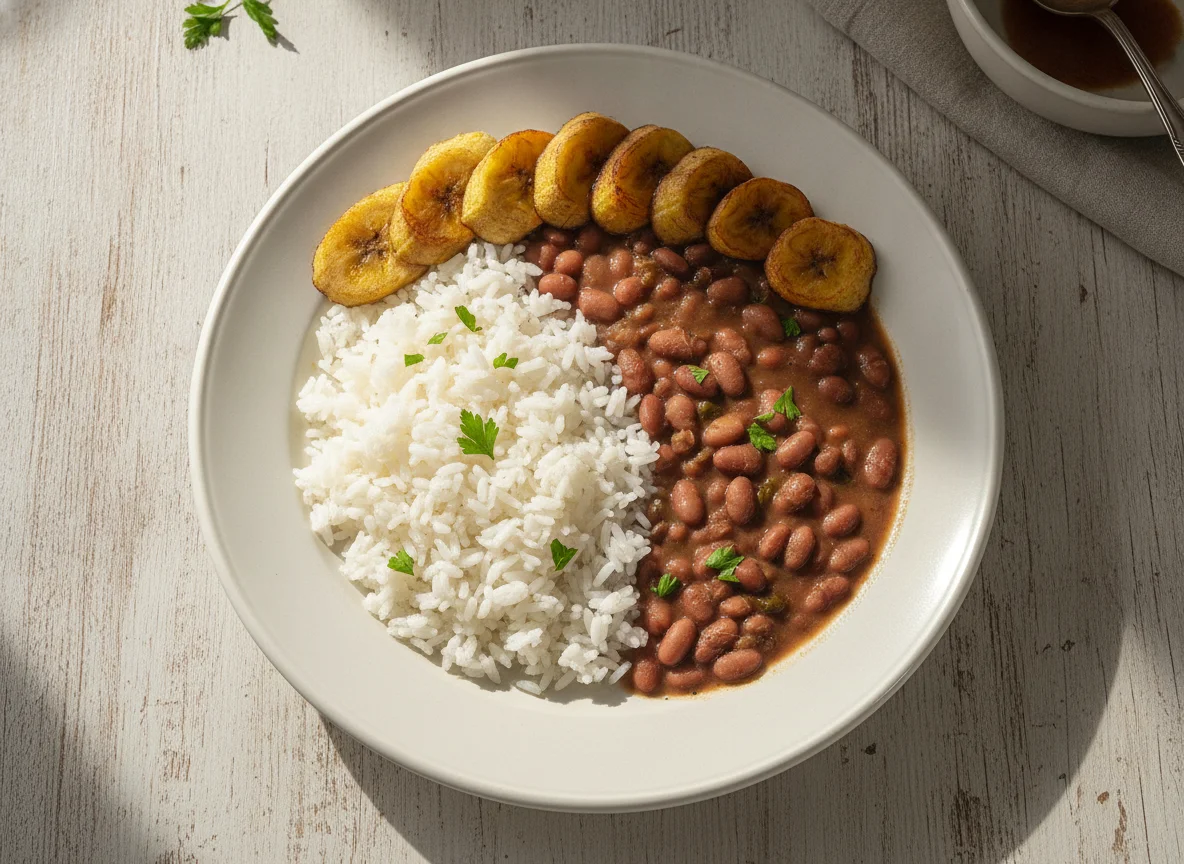Prato de arroz, feijão e banana frita photo