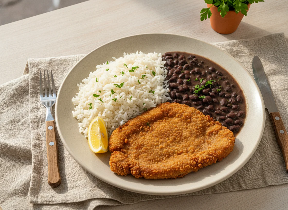 Prato de arroz, feijão e bife à milanesa photo