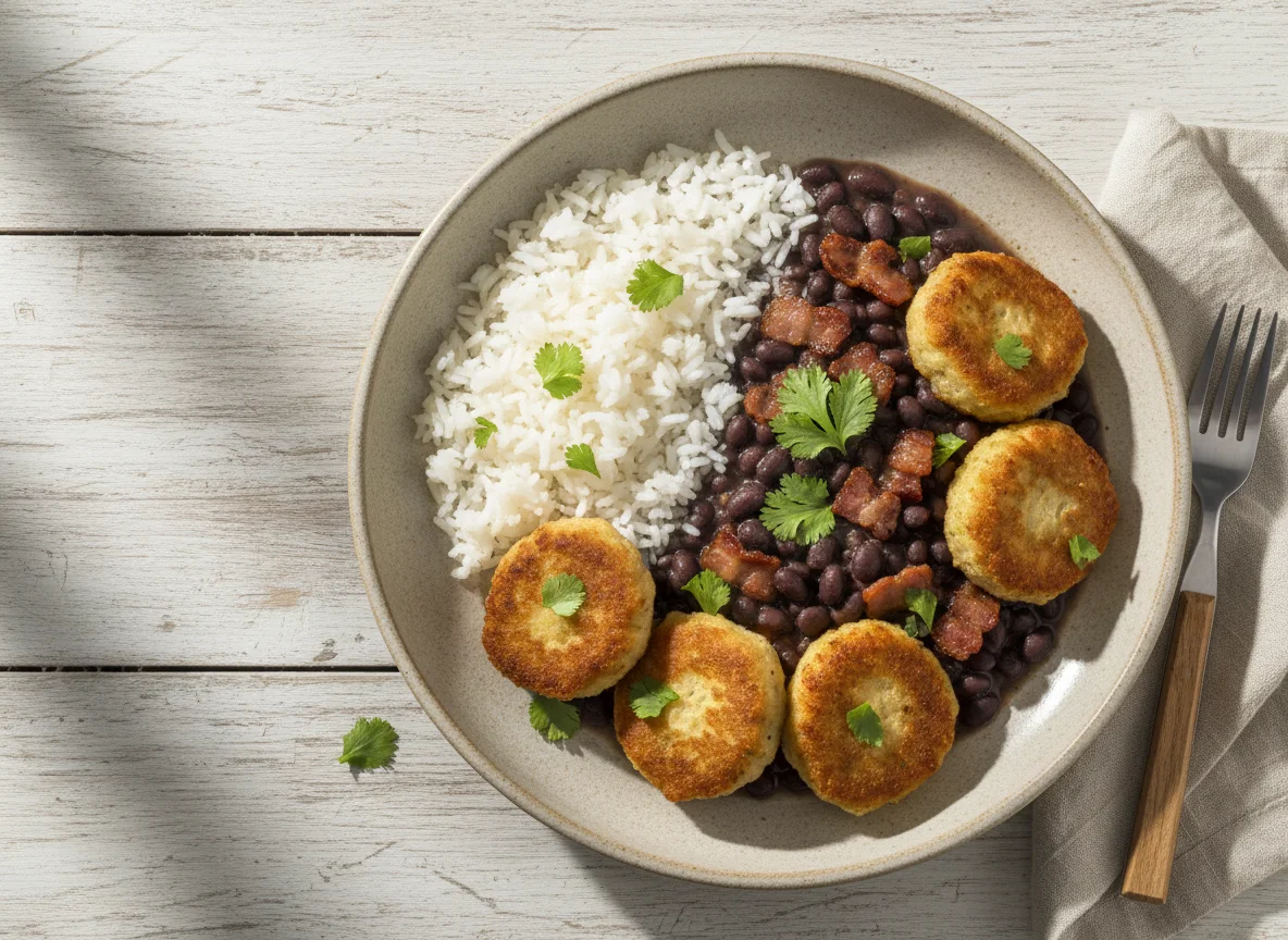 Prato de arroz, feijão e bolinho de peixe photo