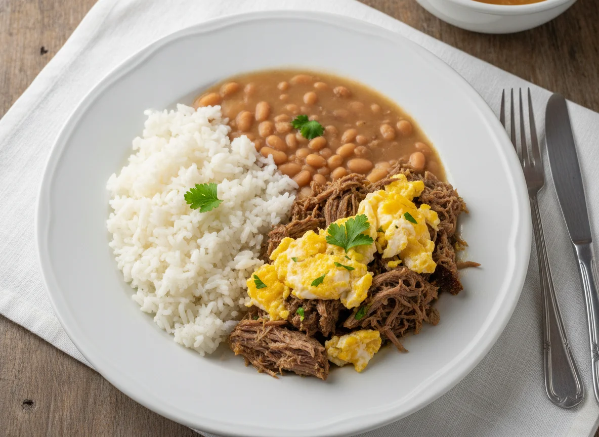 Prato de arroz, feijão e carne com ovos photo