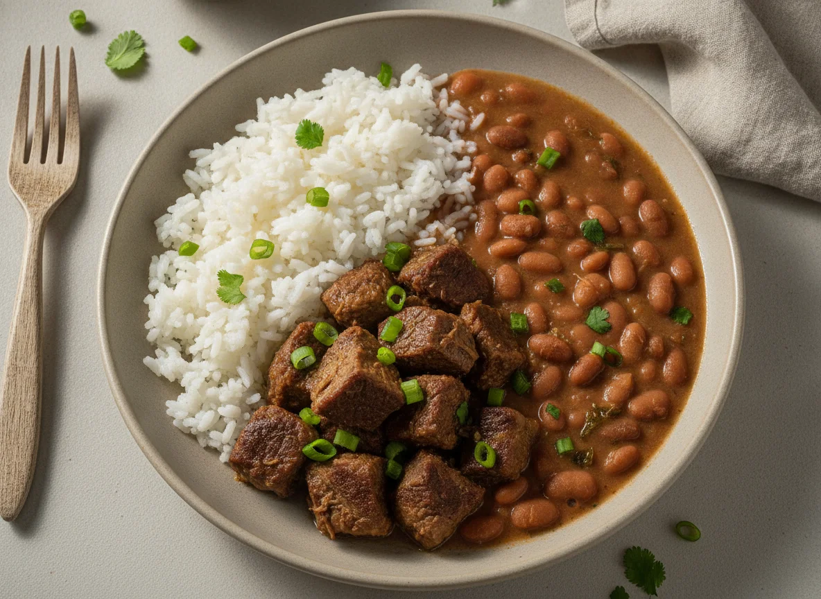 Prato de arroz, feijão e carne de panela photo