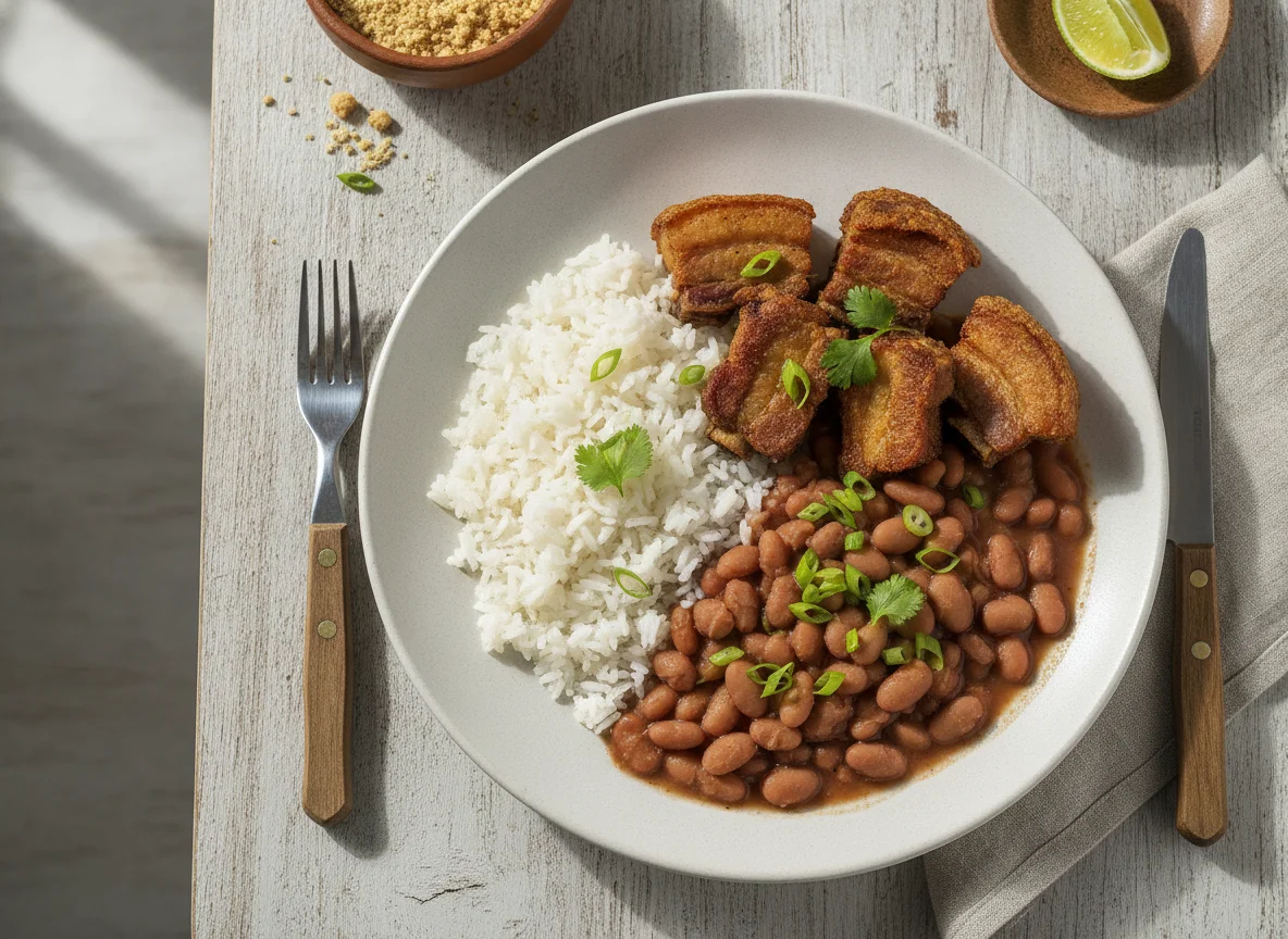 Prato de arroz, feijão e carne de porco photo