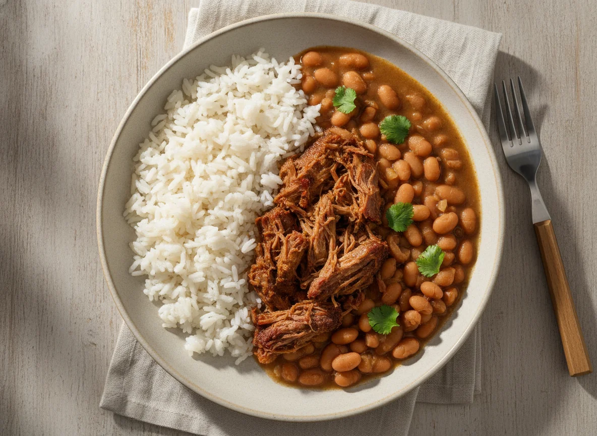 Prato de arroz, feijão e carne desfiada photo