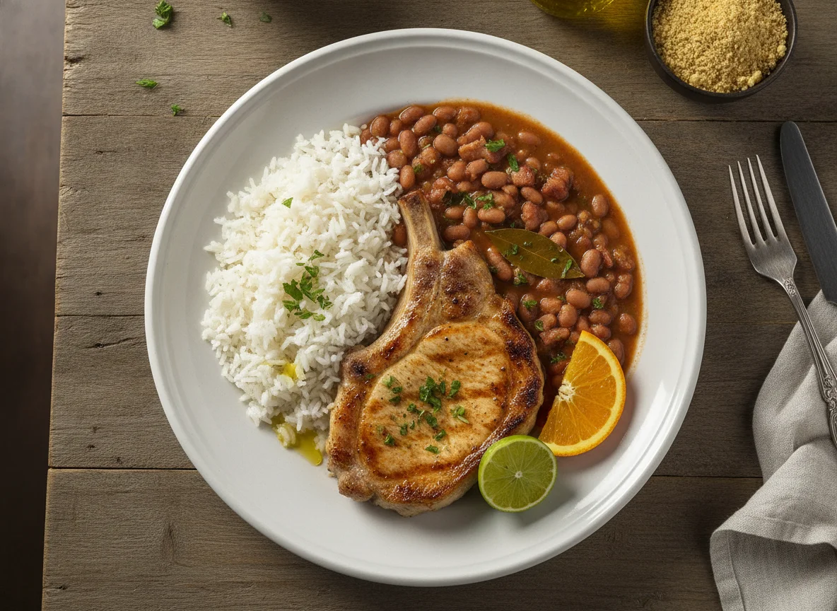 Prato de arroz, feijão e carne grelhada photo
