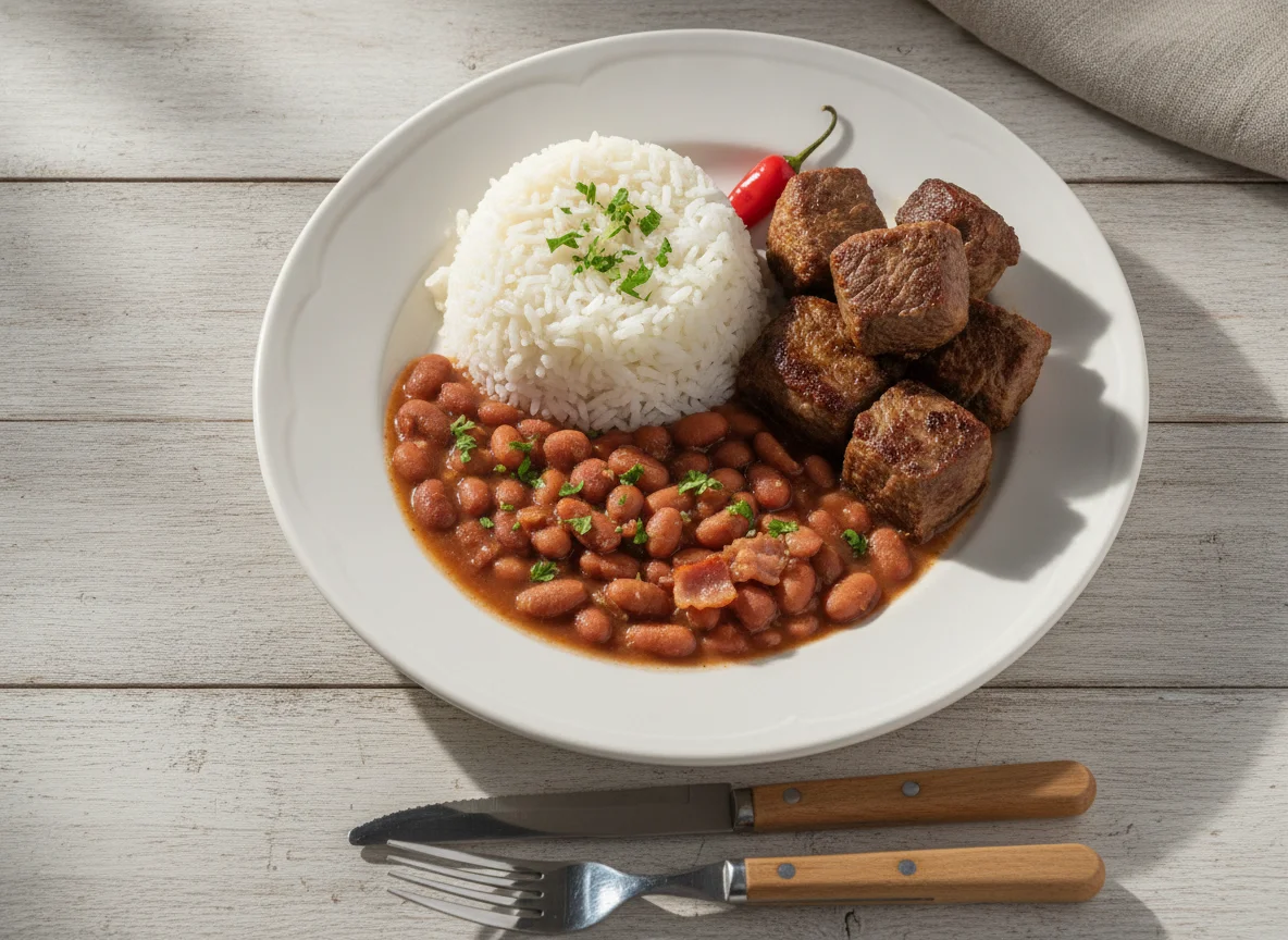 Prato de arroz, feijão e carne photo