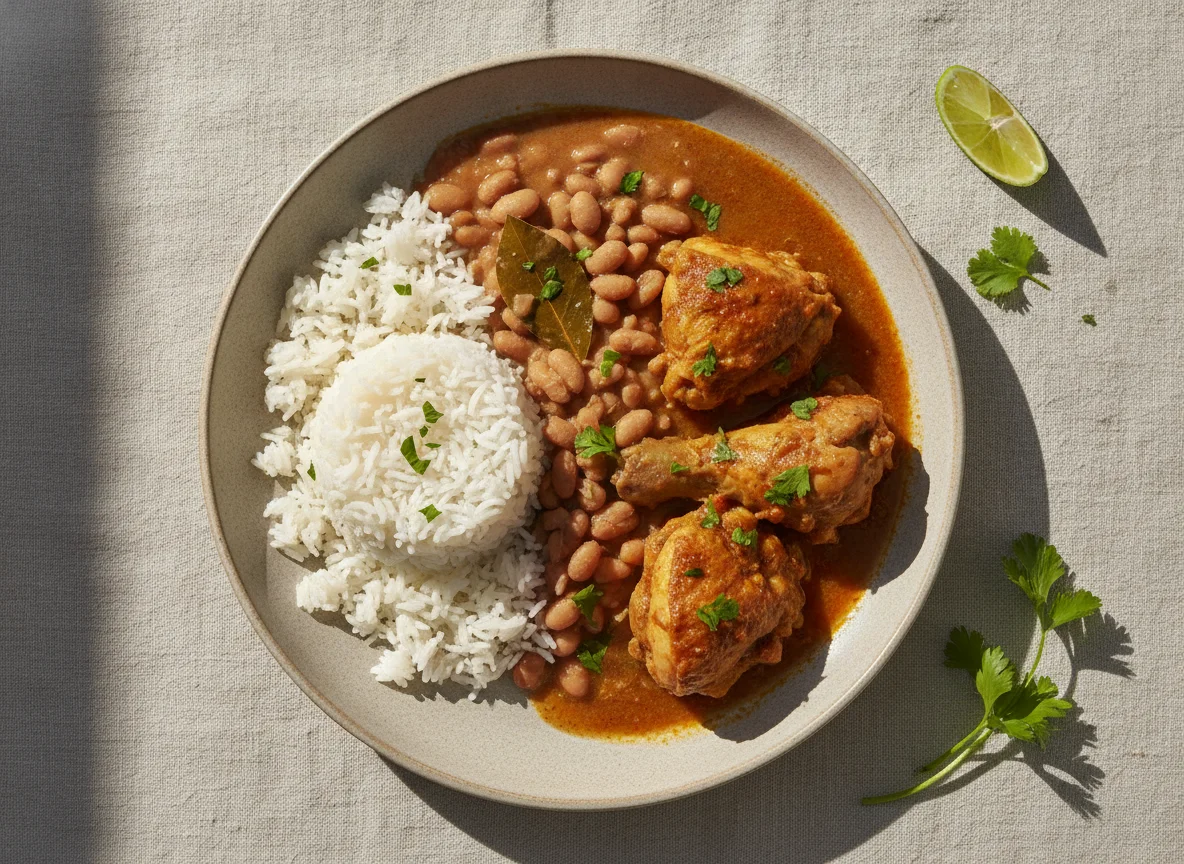 Prato de Arroz, Feijão e Frango ao Molho photo