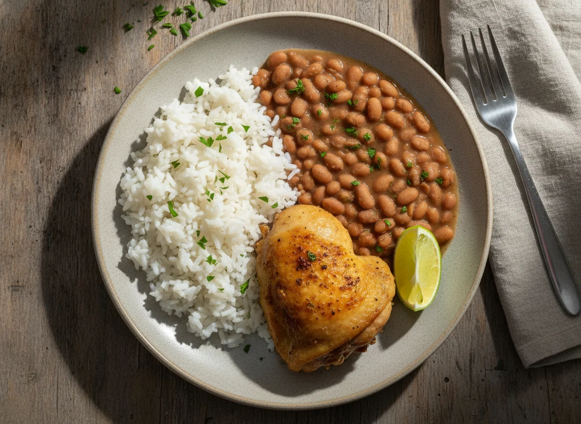 Prato de arroz, feijão e frango assado photo