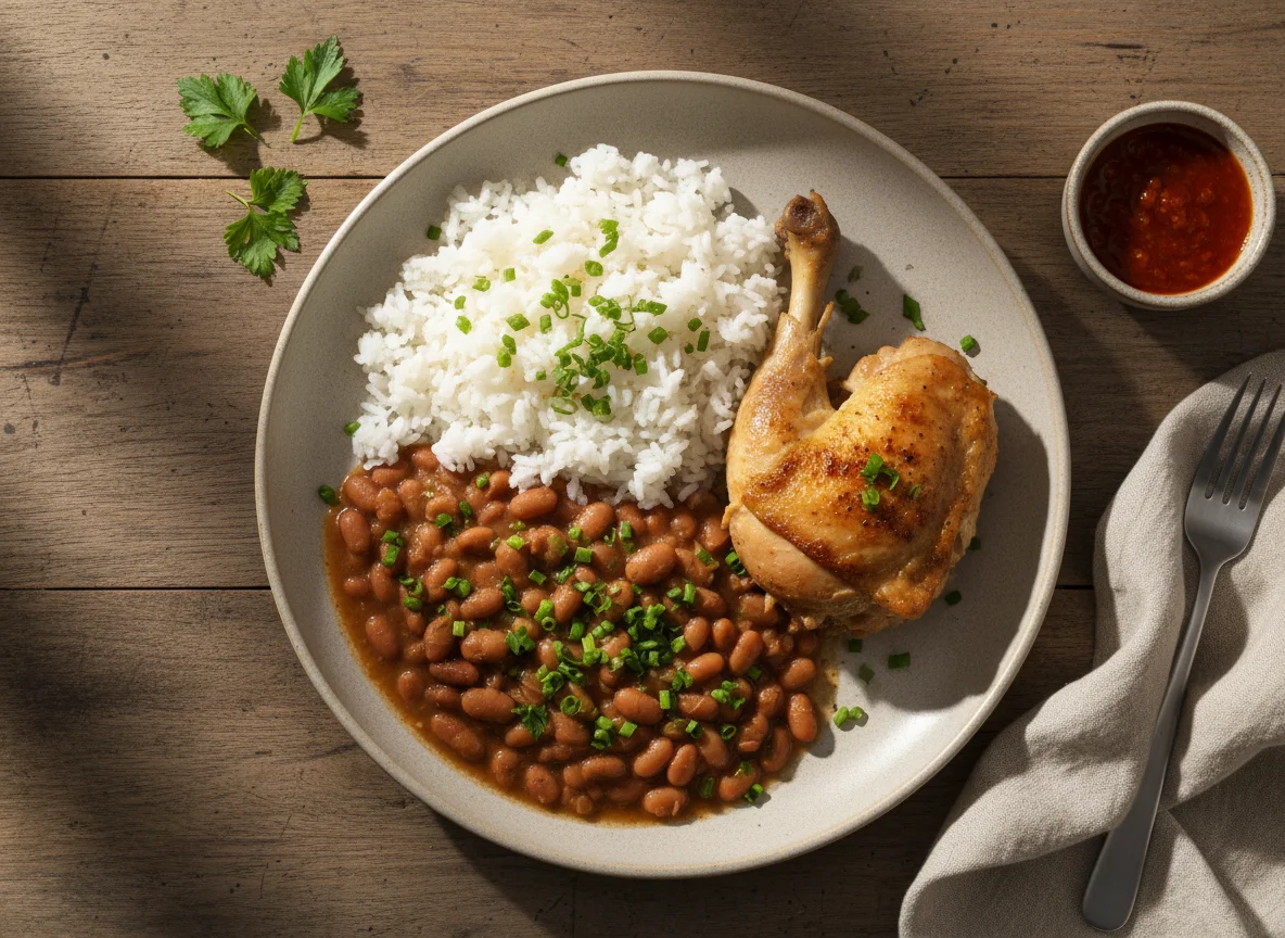 Prato de arroz, feijão e frango com cheiro-verde photo