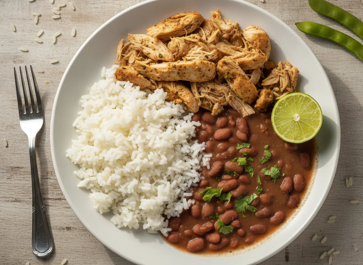 Prato de Arroz, Feijão e Frango Desfiado photo