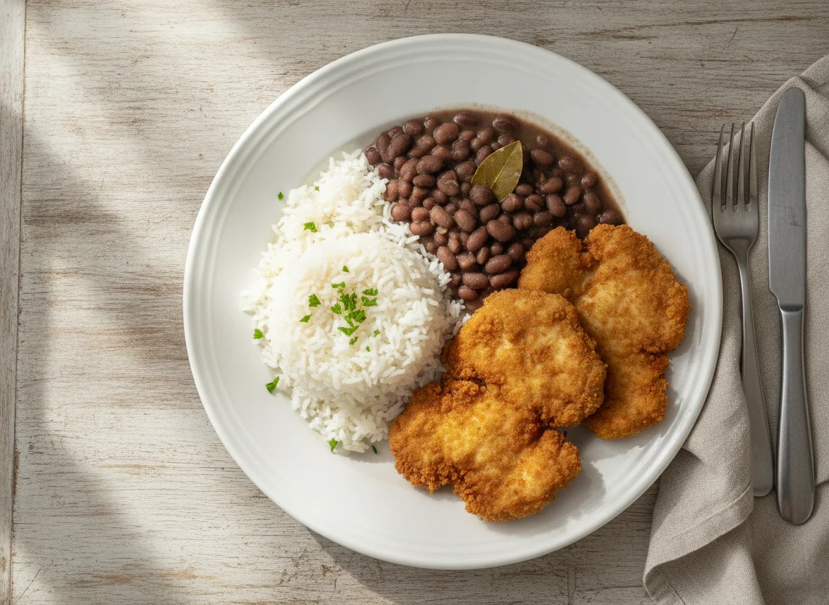 Prato de arroz, feijão e frango empanado photo