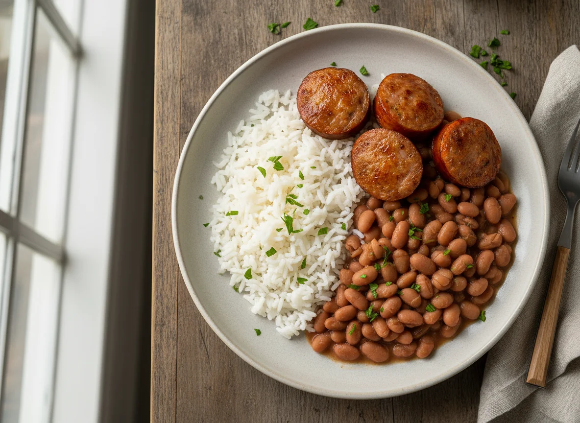 Prato de arroz, feijão e linguiça photo