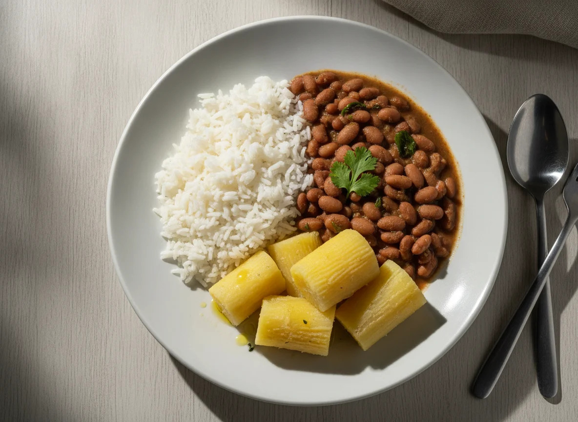 Prato de Arroz, Feijão e Mandioca Cozida photo