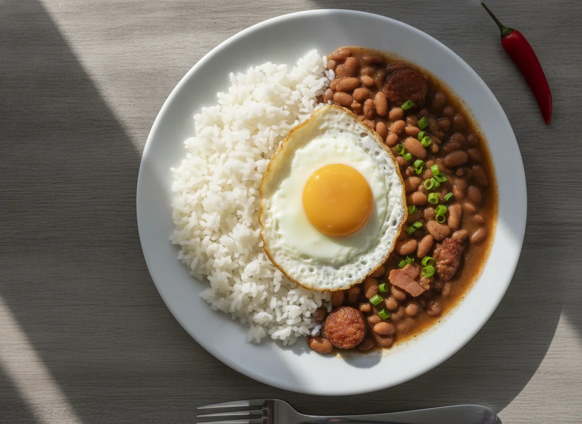 Prato de arroz, feijão e ovo frito photo