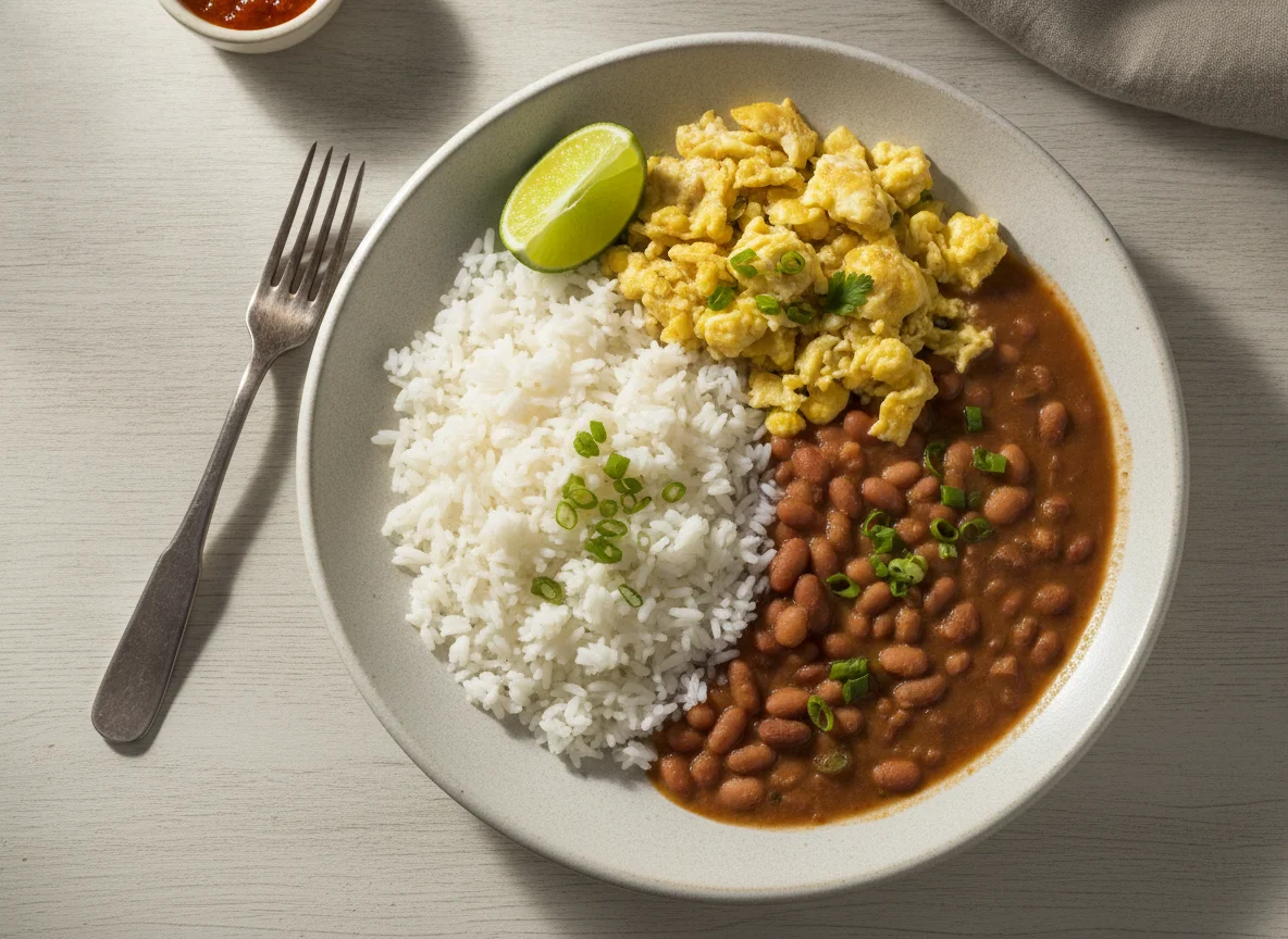 Prato de arroz, feijão e ovo mexido photo