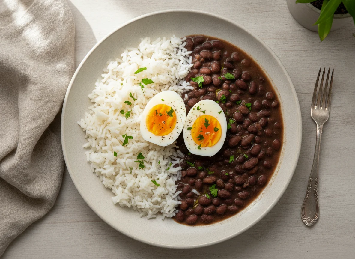 Prato de arroz, feijão e ovos cozidos photo