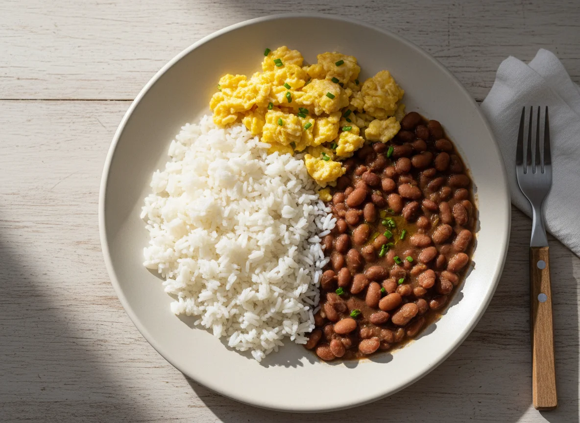 Prato de arroz, feijão e ovos mexidos photo