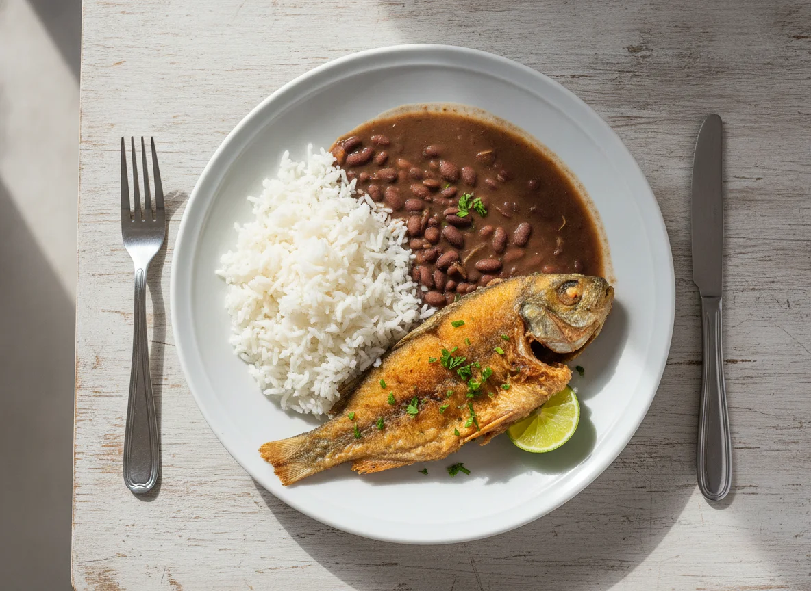 Prato de arroz, feijão e peixe frito photo