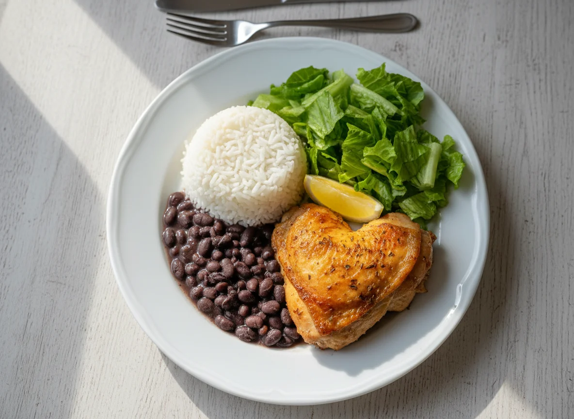 Prato de arroz, feijão, frango e alface photo