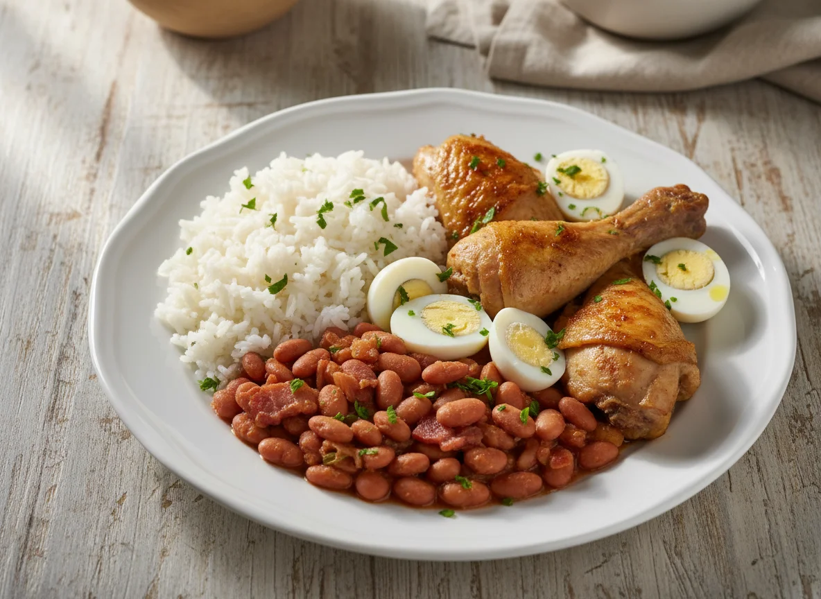 Prato de arroz, feijão, frango e ovos de codorna photo