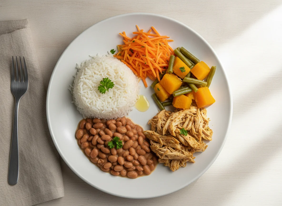 Prato de Arroz, Feijão, Frango e Vegetais photo