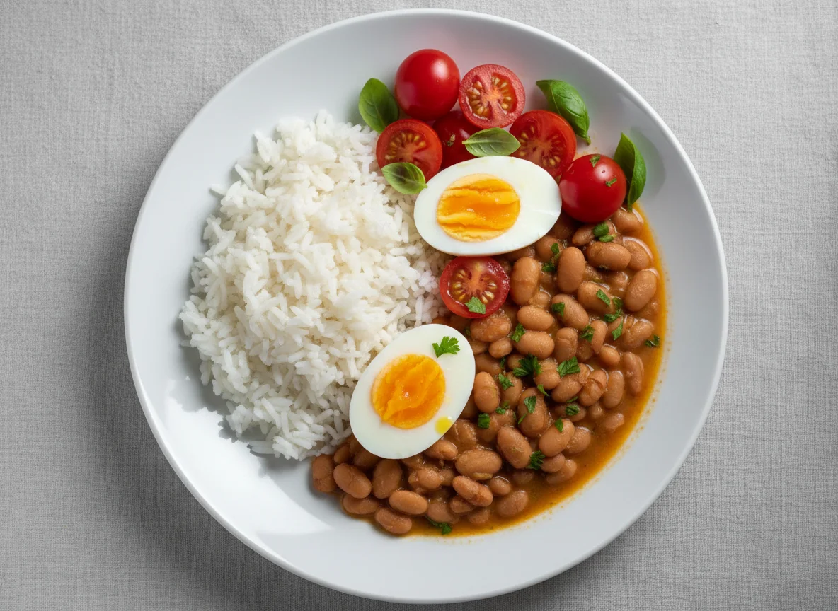 Prato de Arroz, Feijão, Ovo e Tomate Cereja photo