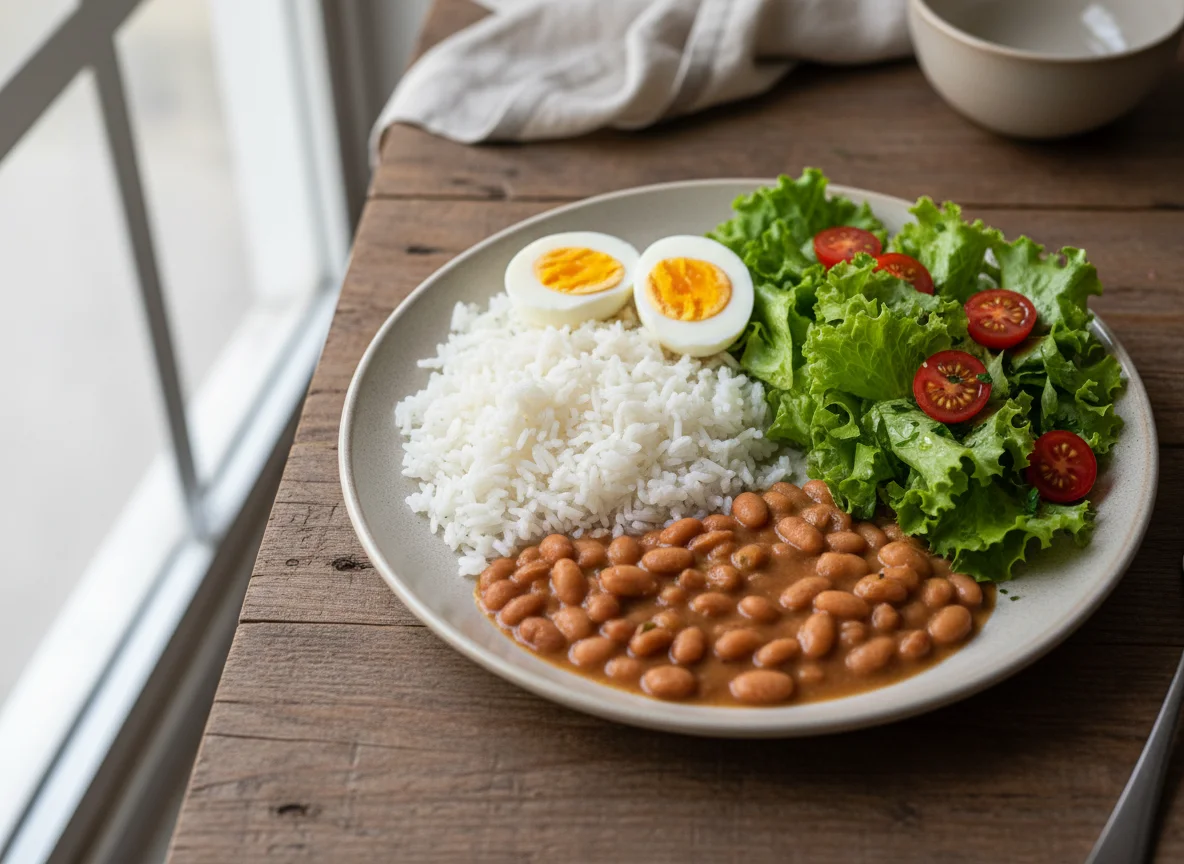 Prato de arroz, feijão, ovos cozidos e salada photo