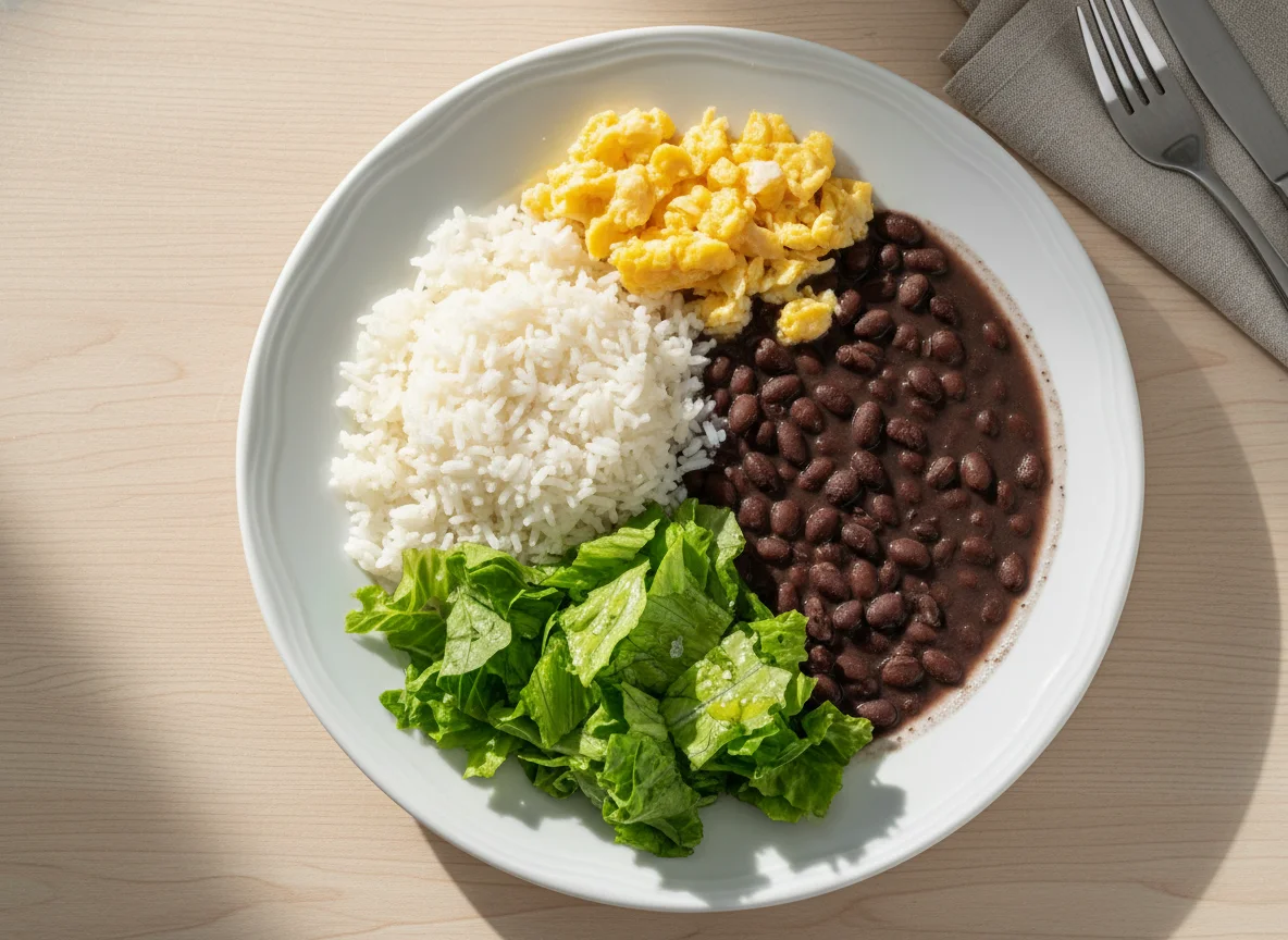 Prato de arroz, feijão, ovos mexidos e salada de alface photo