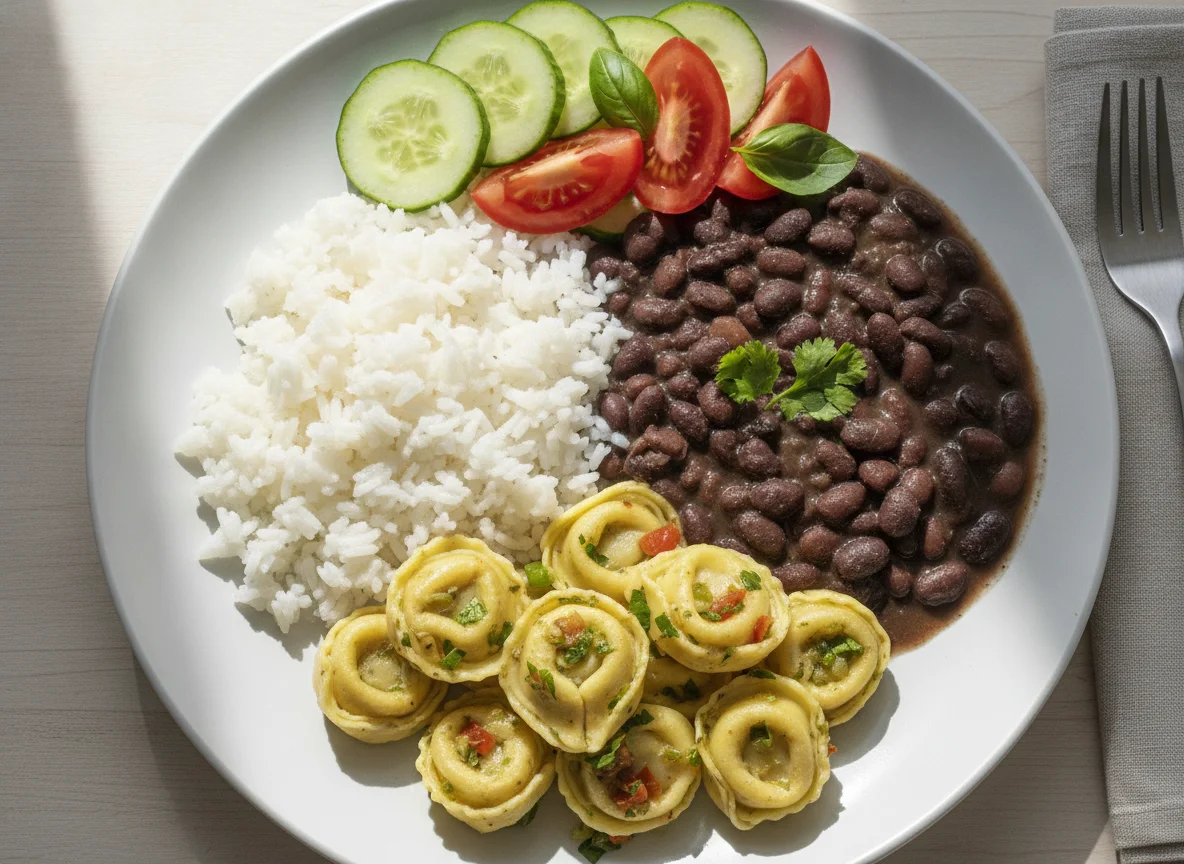 Prato de Arroz, Feijão, Tortellini e Salada photo