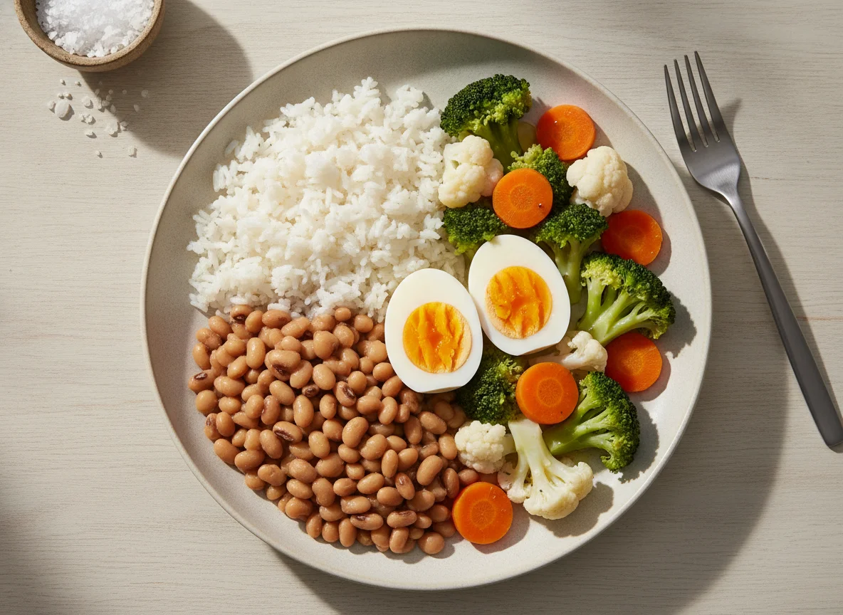 Prato de arroz, feijão-fradinho, ovos cozidos e legumes photo