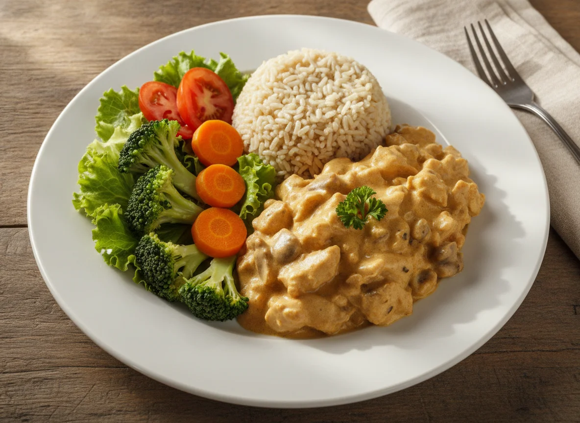 Prato de Arroz Integral com Estrogonofe de Frango e Salada Mista photo