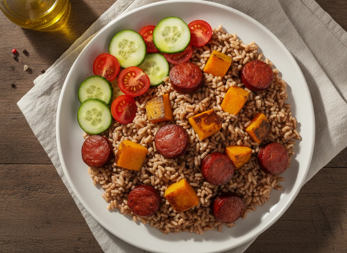Prato de Arroz Integral com Linguiça, Abóbora e Salada photo