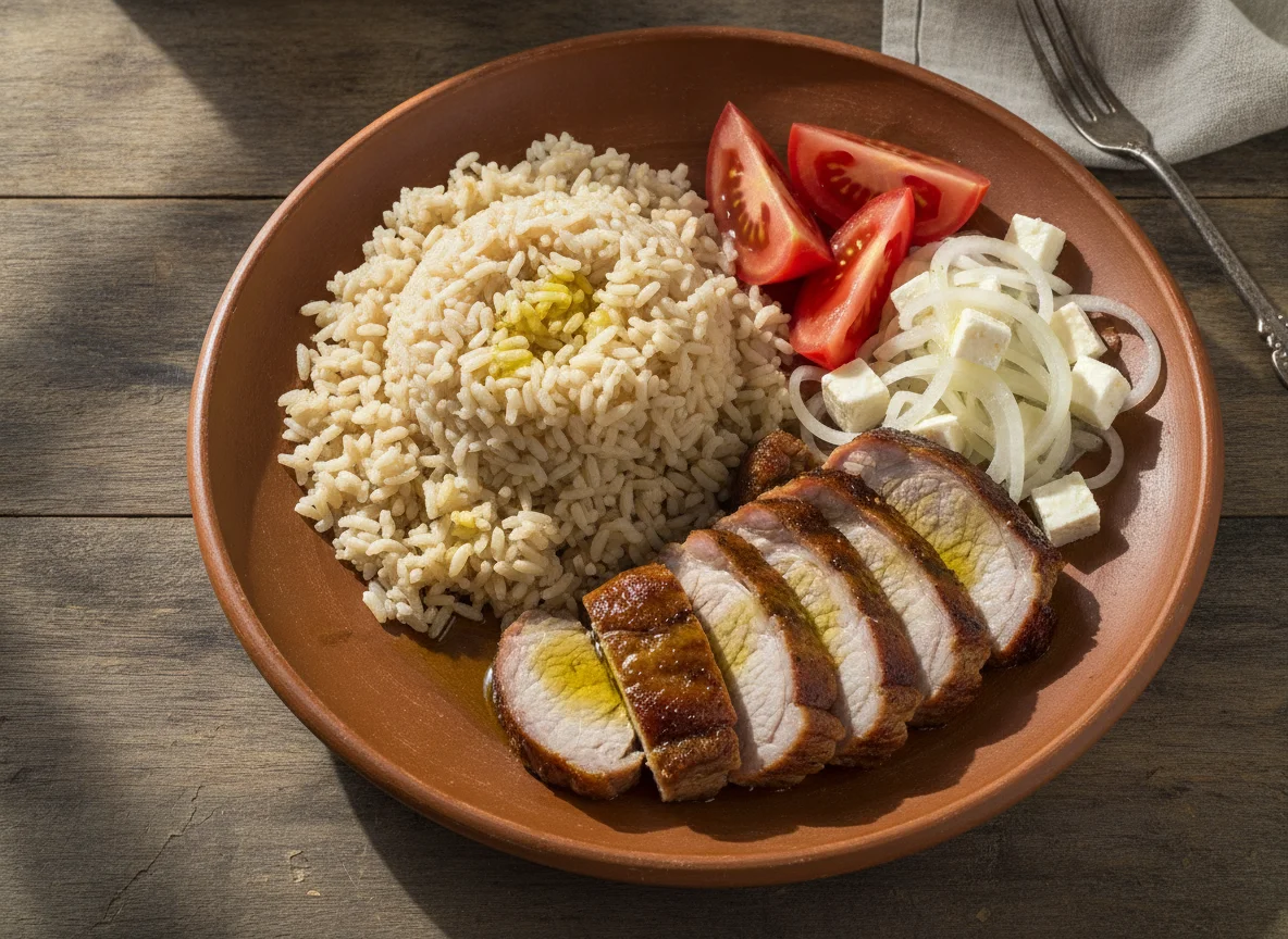 Prato de Arroz Integral com Lombo Suíno, Tomate e Salada de Cebola photo