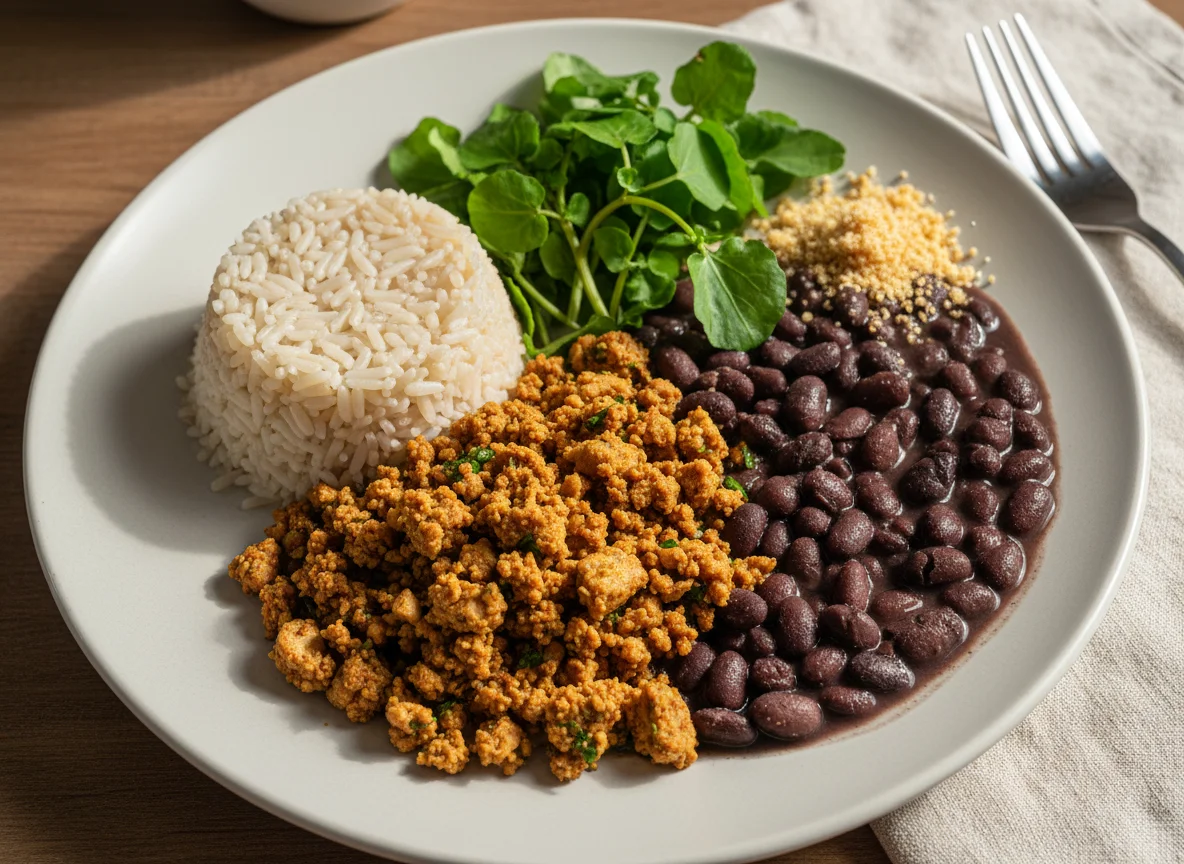 Prato de arroz integral, feijão, proteína de soja e agrião photo