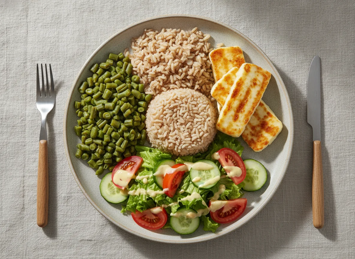 Prato de arroz integral, feijão verde, queijo coalho e salada photo