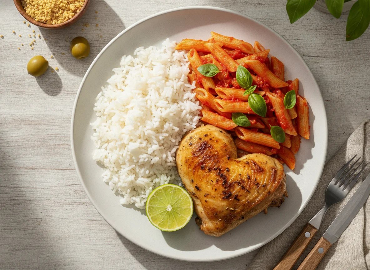 Prato de arroz, massa e coxa de frango photo
