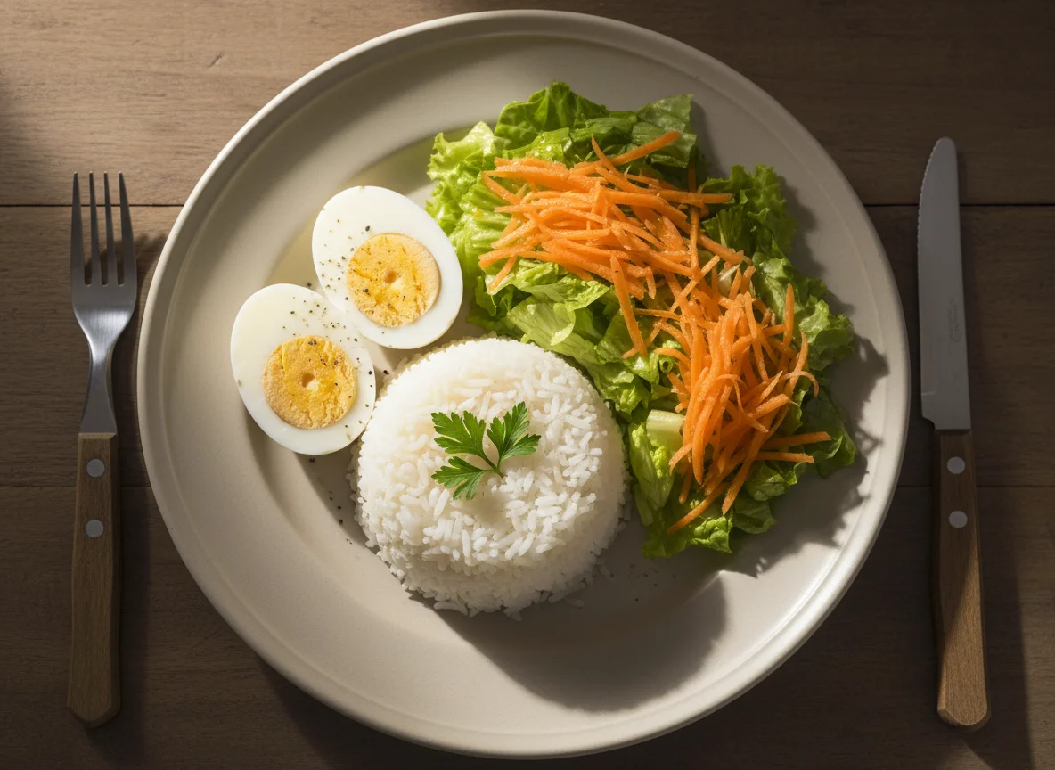 Prato de arroz, ovos cozidos e salada photo