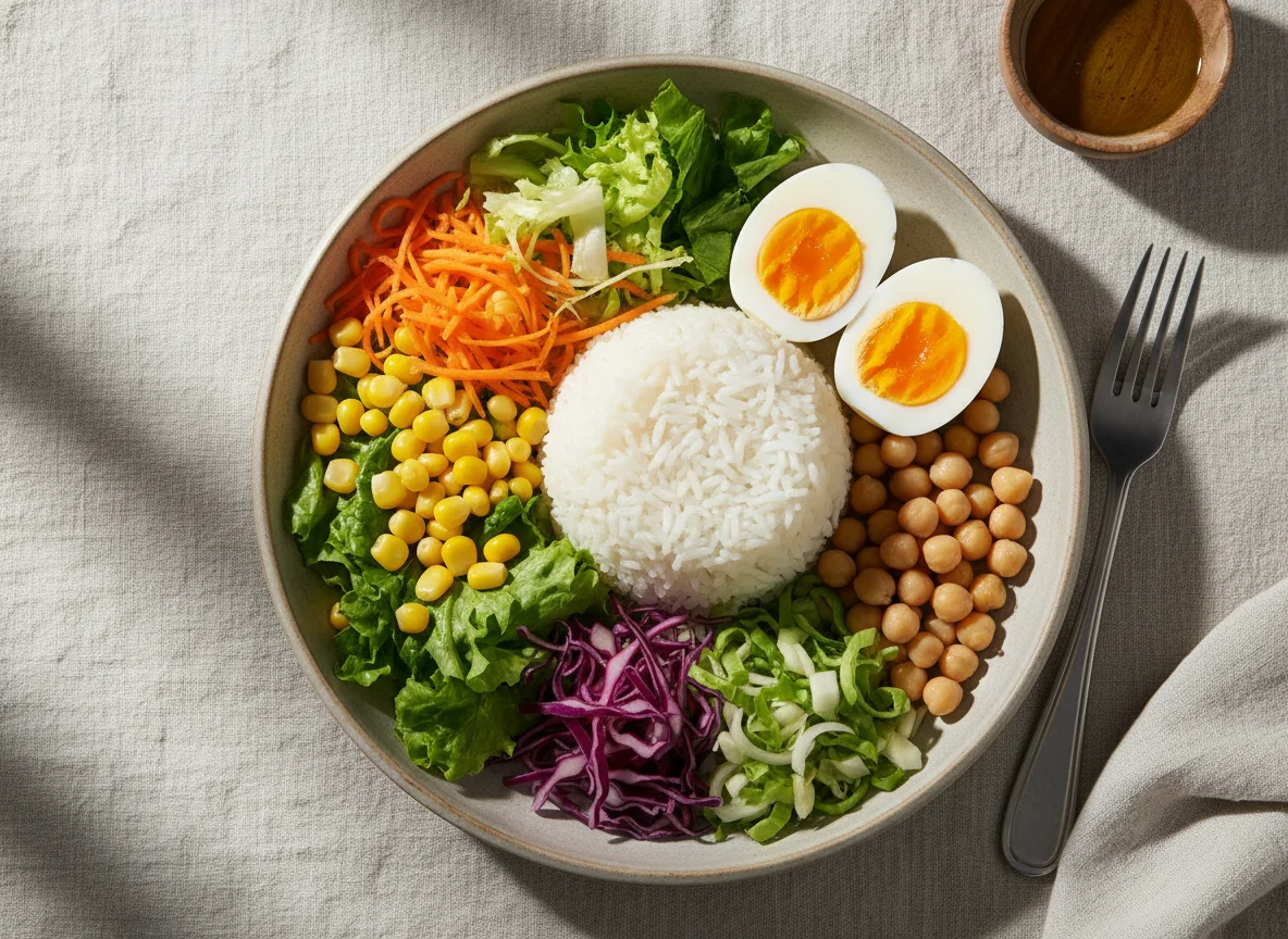 Prato de arroz, ovos e salada photo